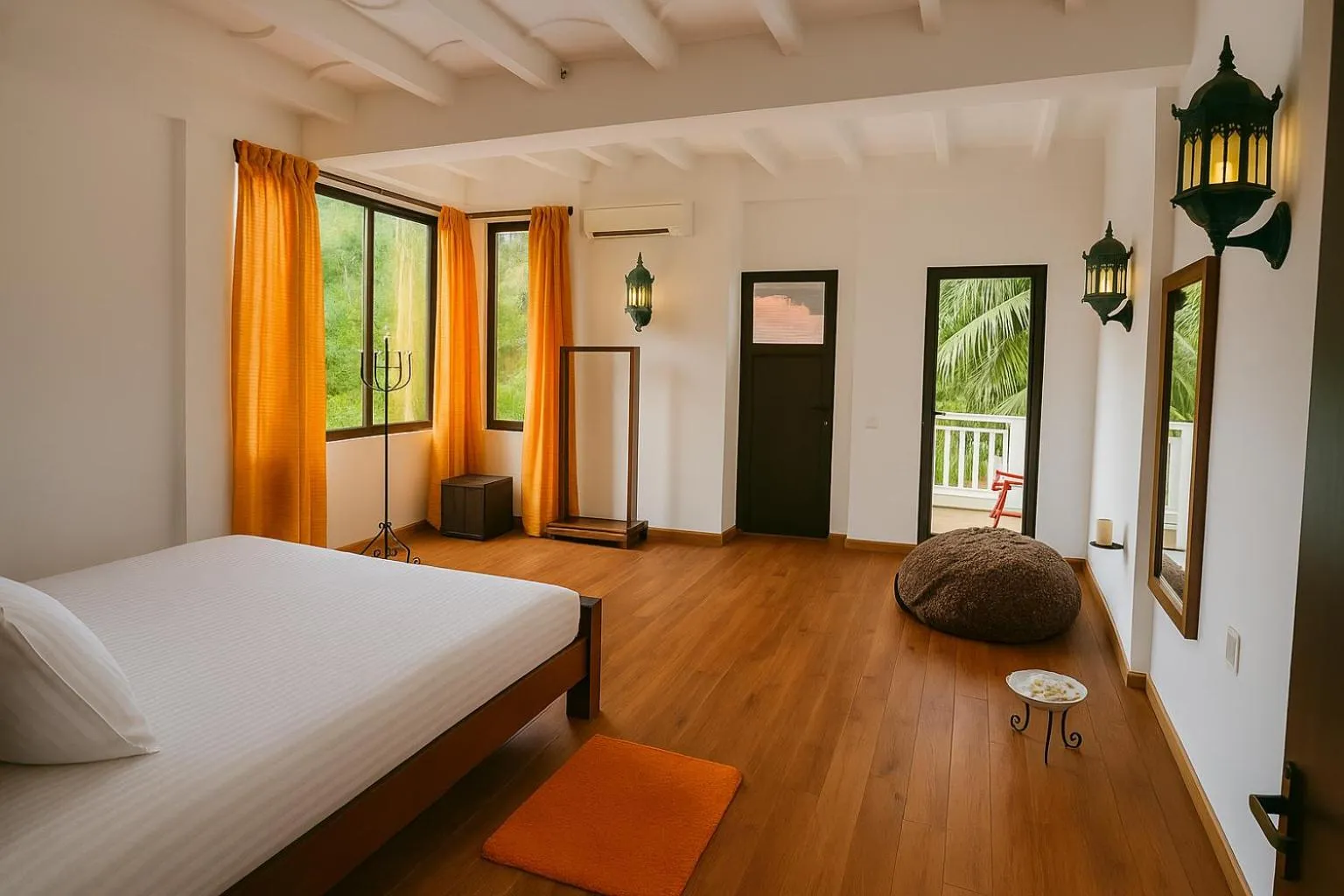 Spacious hotel room with wooden floor, white bed, orange curtains, wall-mounted lanterns, and a view of greenery through windows and a door leading to a balcony.